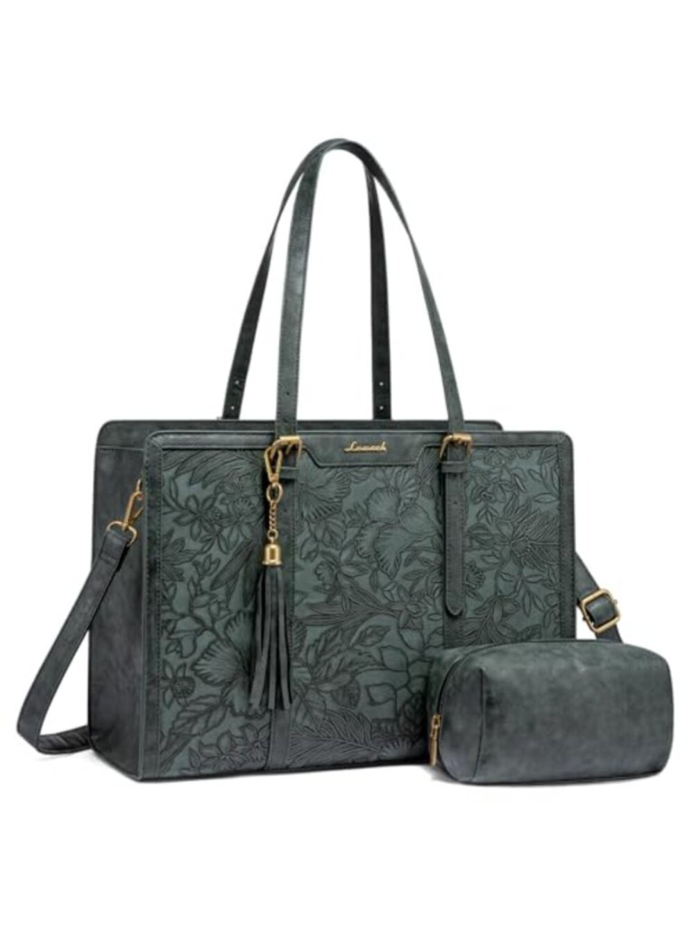 Vintage PU Leather Laptop Tote Bag 15.6 Inch with Clutch Purse for Work